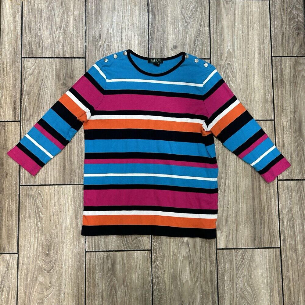 Lauren Ralph Lauren Womens Top 2X Color Block Snap Shoulder Long Sleeve Colorful